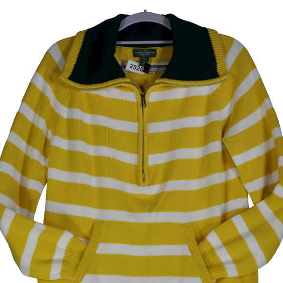 LRL Lauren Ralph Yellow White Quarter Zip Sweater Womens Petite Large Striped - Picture 3 of 10
